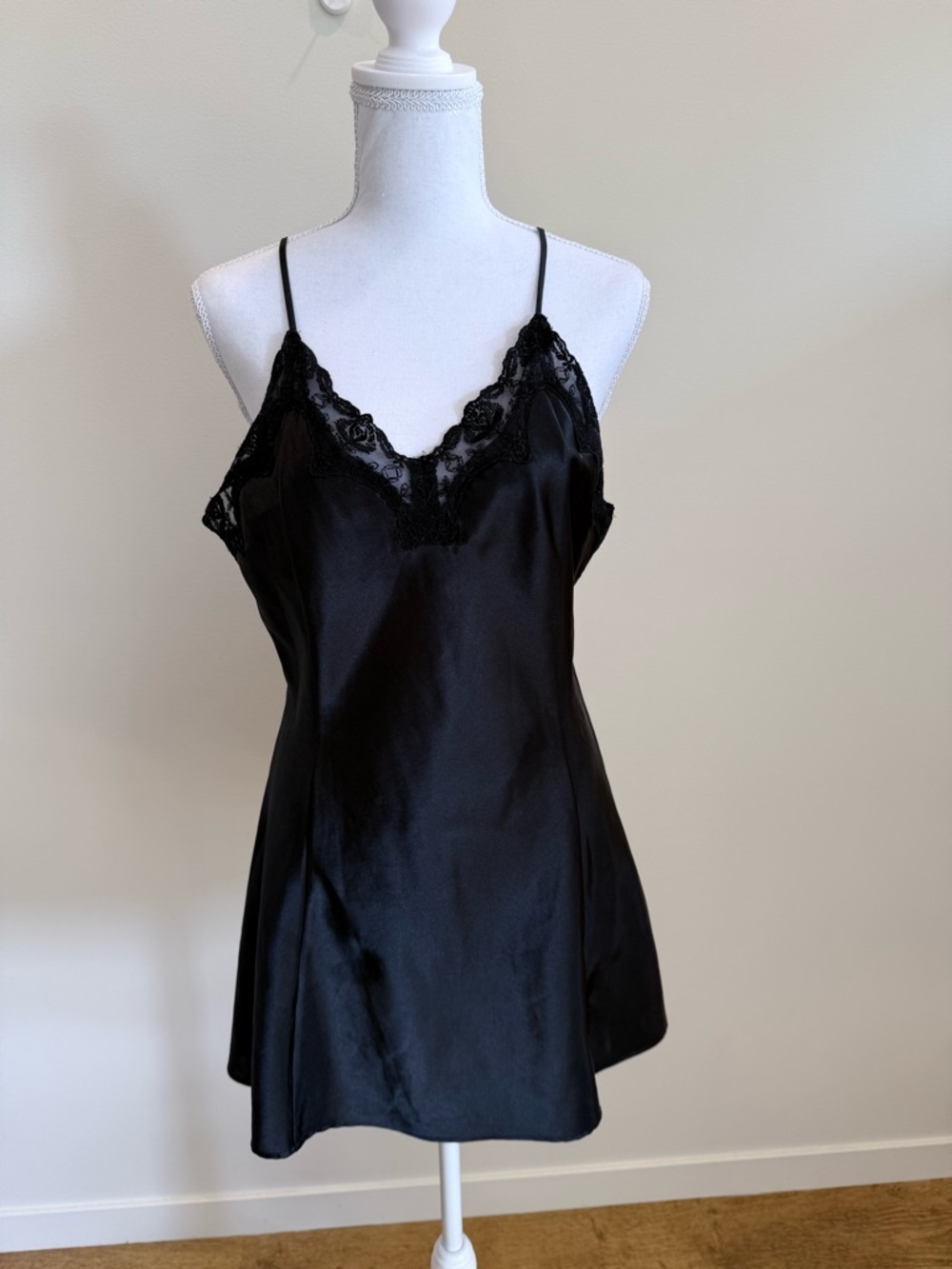 Vintage Secret Treasures Black Satin Lace Slip Dress Witchy Goth Size Medium